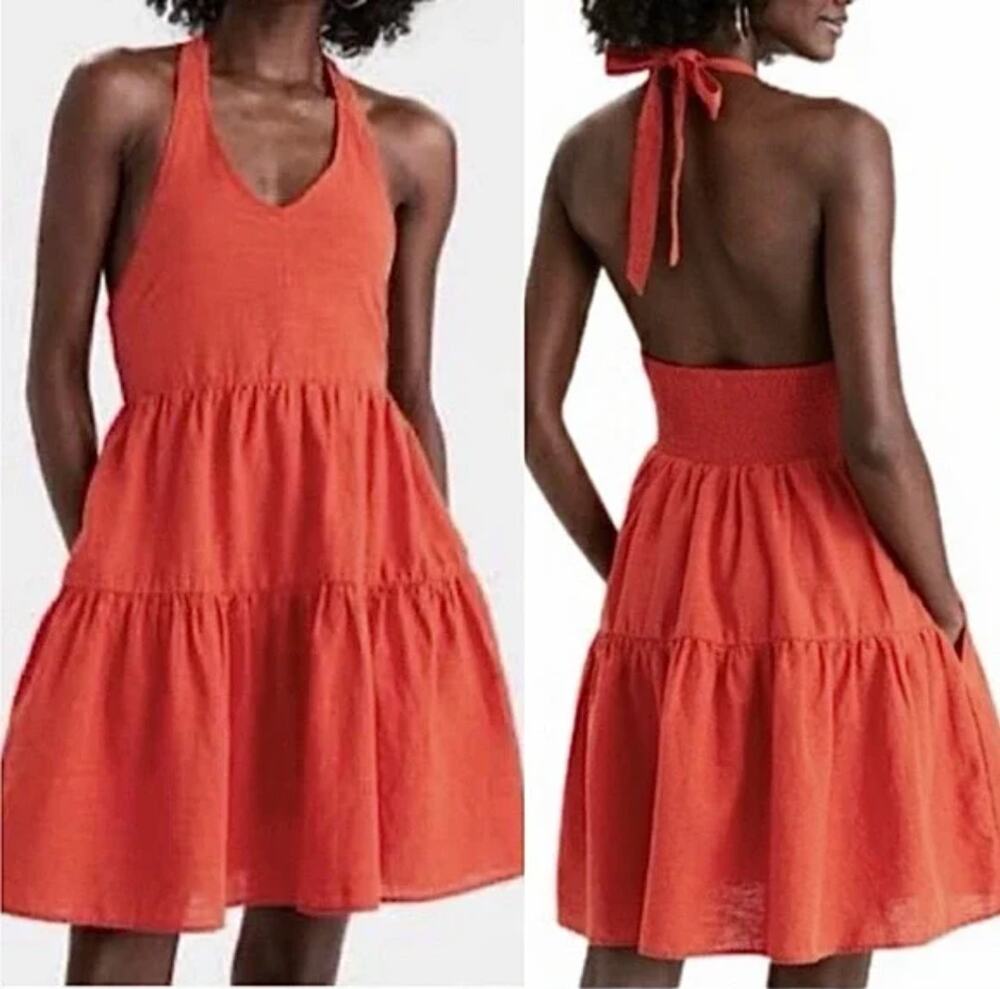 American Eagle Tiered Halter Top Neck‎ Cotton Linen Flowy Orange Dress Medium